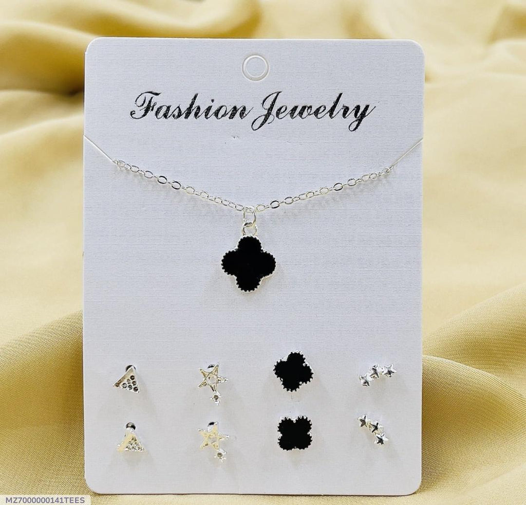 Stylish Silver Plated 5 Pcs Multi Layered Artificial Set - Black & Silver