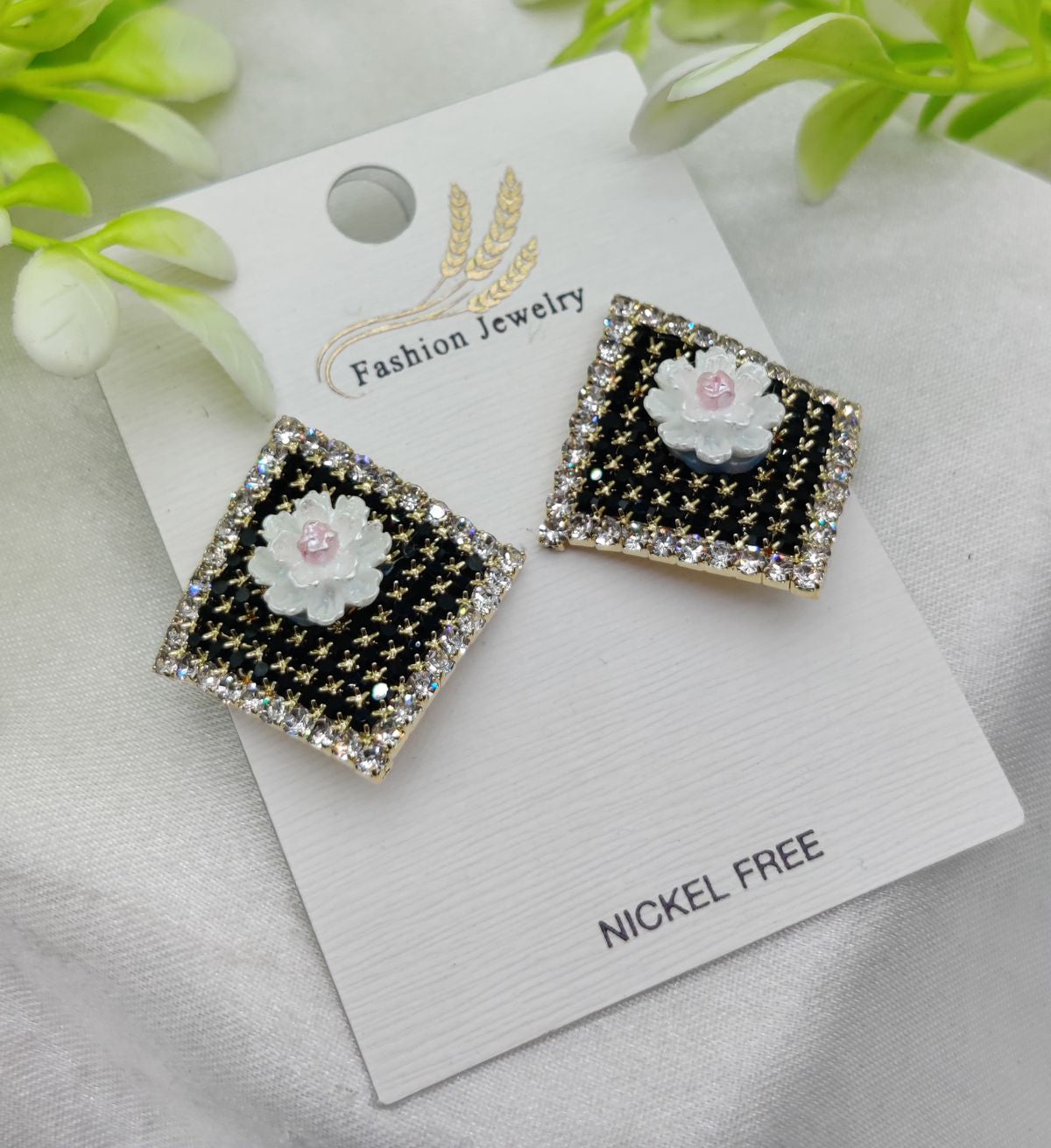 Imported Elegant Floral Stud Earrings with Rhinestone Border – Nickel Free | Girls Earrings | Women Earrings | Jewellery