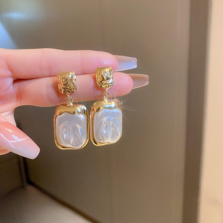 Elegant Korean Gold Foil Earrings with White Stone – Silver (PXT-115)